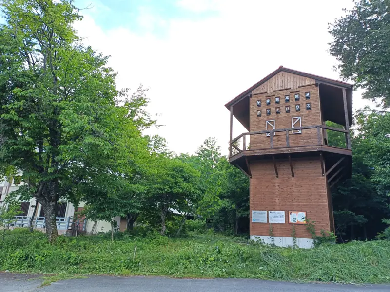 長野県松本市・乗鞍高原に設置された木造のバットハウス。前面には説明看板があり、周囲には緑豊かな自然が広がっている。